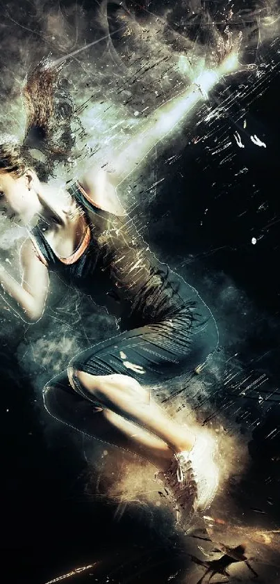 Energetic female athlete in motion with dynamic effects.