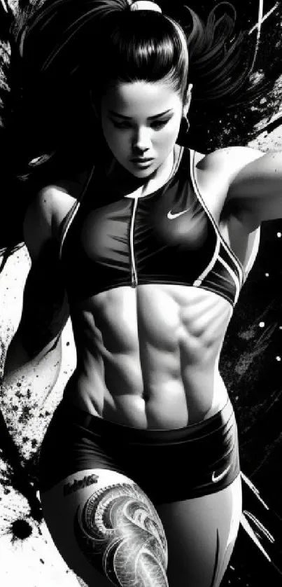 Black and white artwork of a powerful female athlete in motion.