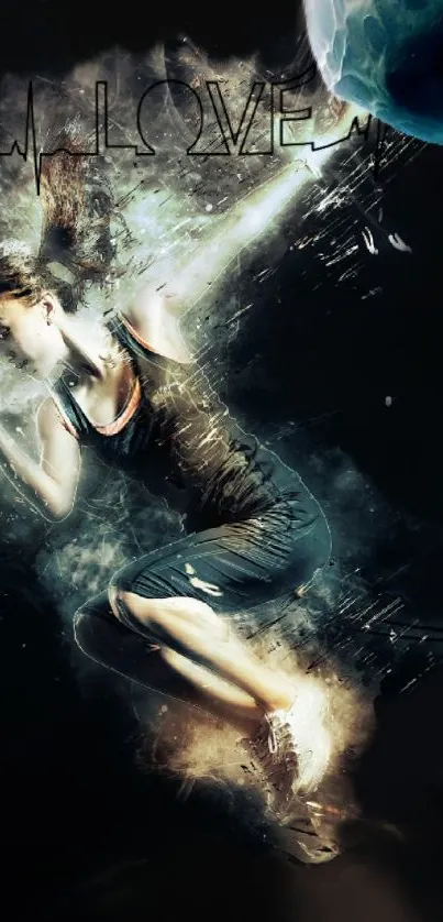 Dynamic athlete in motion with abstract energy and dark background.