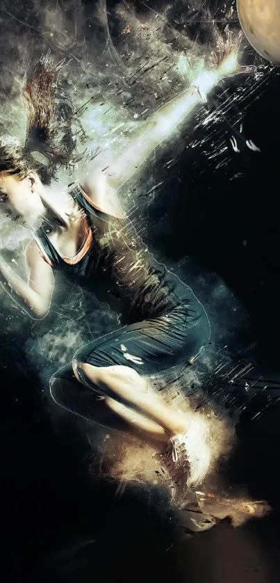 Athletic woman leaping in dynamic, dark-themed wallpaper.