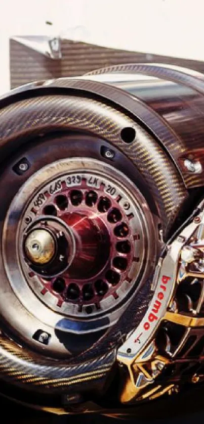 Close-up of an automotive brake disc and caliper showcasing intricate design.