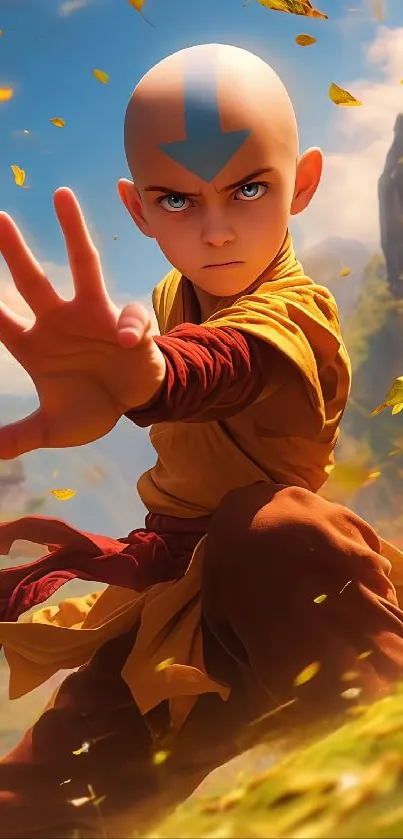 Avatar Aang in dynamic pose, surrounded by autumn leaves and mountains.