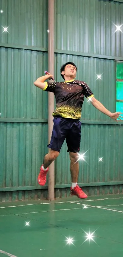 Badminton player jumps with racket on green court, lights sparkle.