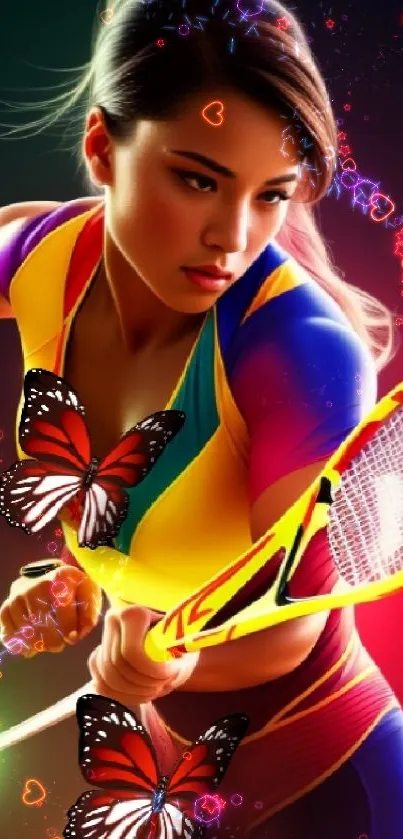 Dynamic vibrant badminton player with butterflies wallpaper.