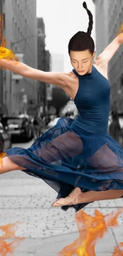 Ballerina leaping with fiery background in urban street.