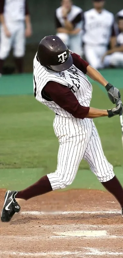 Baseball player swinging bat on field.