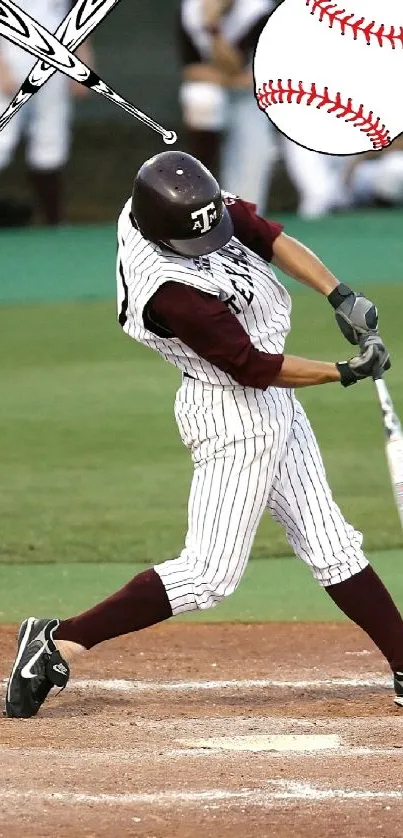 Baseball player swinging bat during game with ball and bat icons.