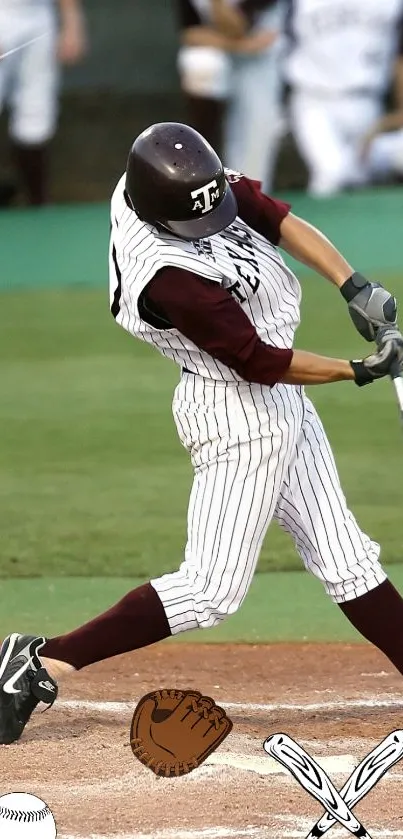 Baseball player mid-swing on field in action scene.