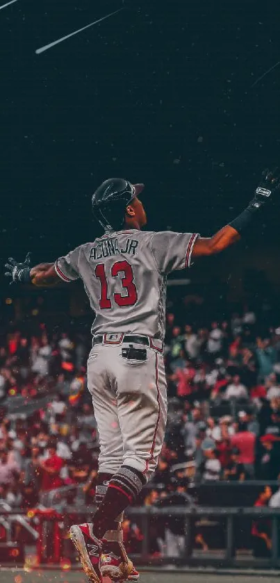 Baseball player celebrating on field in dynamic action pose.