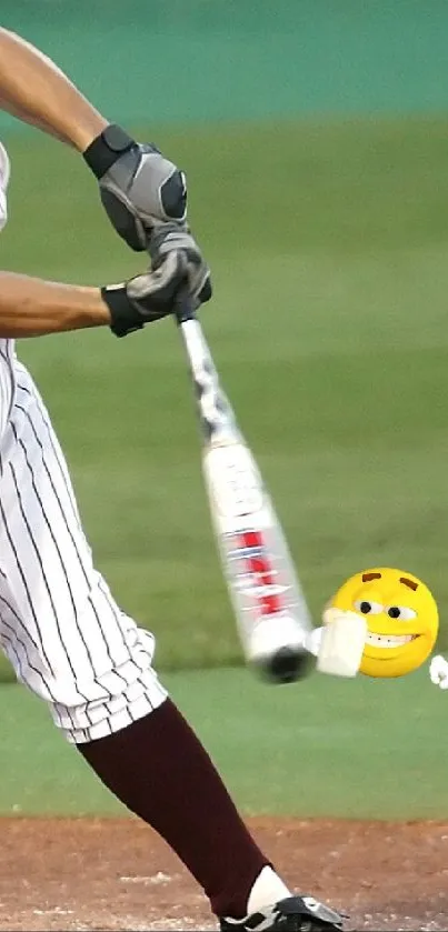 Baseball player swinging bat on field with green background.