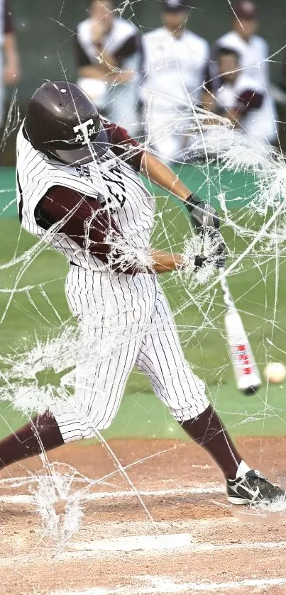 Baseball player mid-swing with shattered glass effect in action wallpaper.