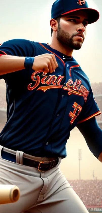 Baseball player in uniform ready to pitch with a stadium backdrop.