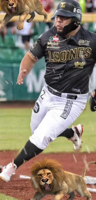 A baseball player runs past roaring lions on a grass field.