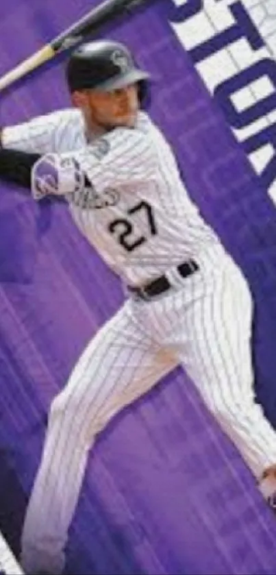 Energetic baseball player in white uniform against a dynamic purple background.