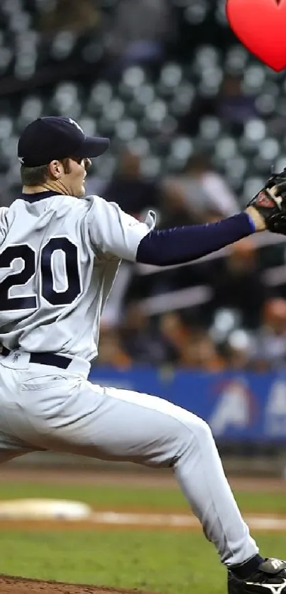 Baseball pitcher in action with a heart icon above.