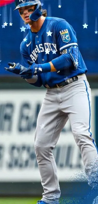 Energetic baseball player in blue uniform on field.