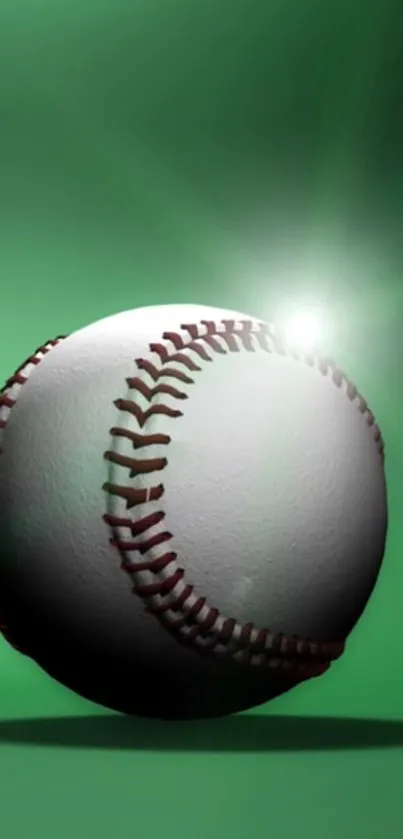 A detailed baseball with stitches on a vibrant green background.