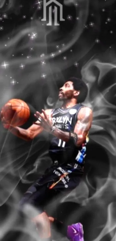 Basketball player surrounded by smoky effects on a dynamic wallpaper.