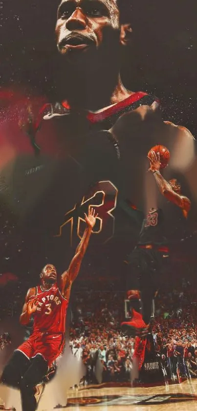 Dynamic mobile wallpaper featuring basketball action shots and vibrant colors.