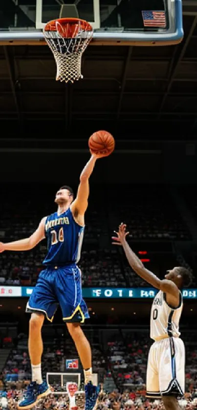 A basketball player performs a slam dunk during an intense game.