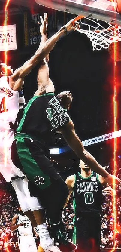 Intense basketball action wallpaper featuring a memorable dunk.