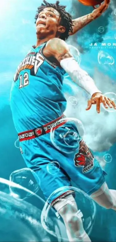 Basketball player dunking in vibrant wallpaper.