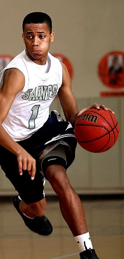 Basketball player in action on court.