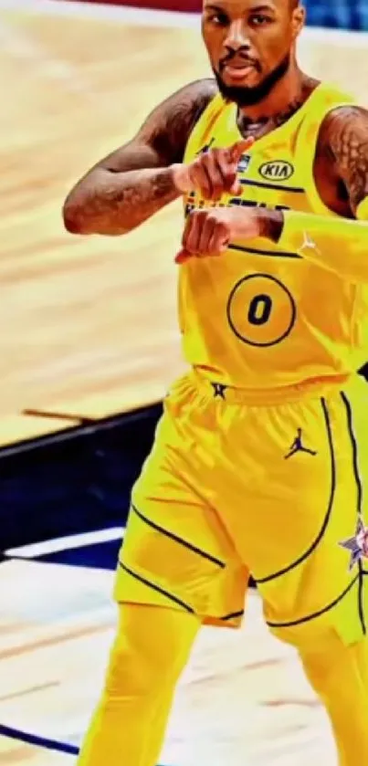 Basketball player in yellow jersey during game action.