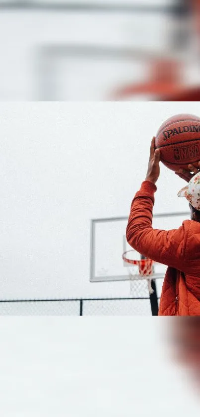 Person shooting a basketball at an outdoor court with vivid orange tones.