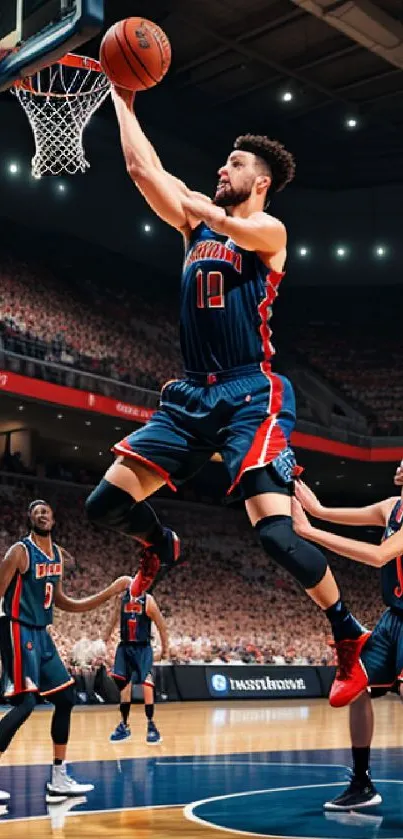 Basketball player dunking in a packed stadium, capturing intense action.