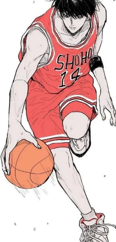 Anime basketball player in red jersey dribbling.