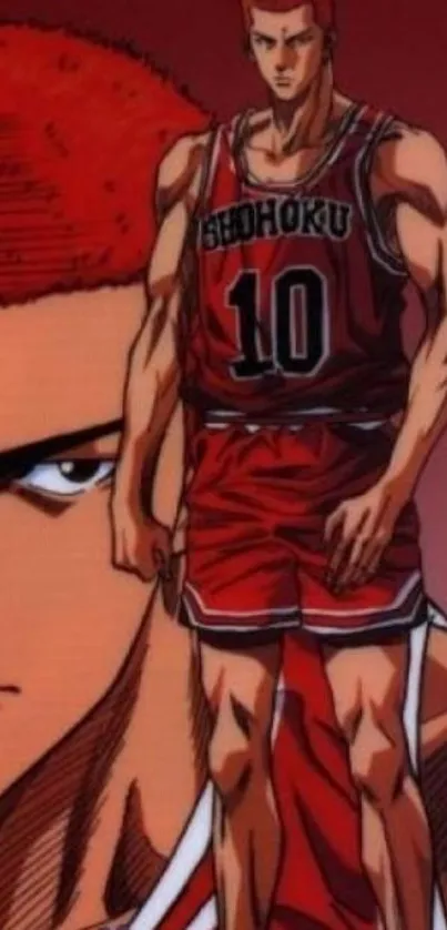 Basketball anime character with red background.