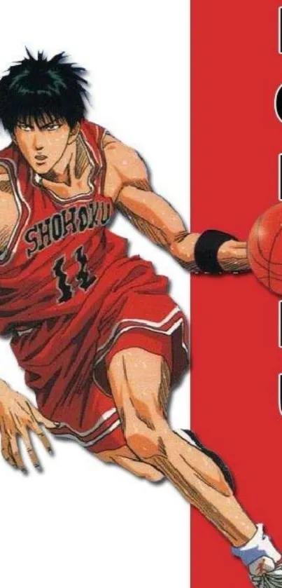 Anime basketball player in red jersey on mobile wallpaper.