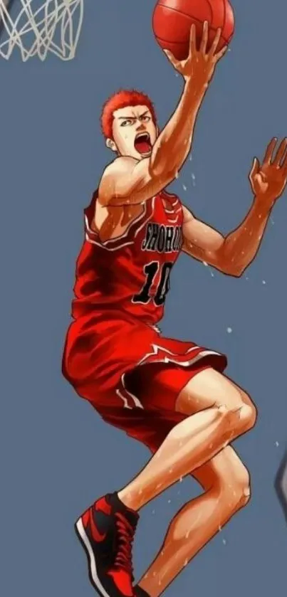 Anime basketball player jumping for a slam dunk.