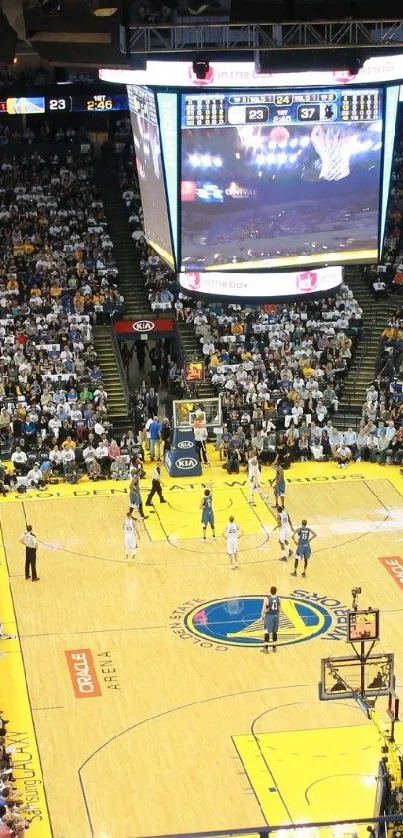 A dynamic view of a packed basketball arena during an exciting game.
