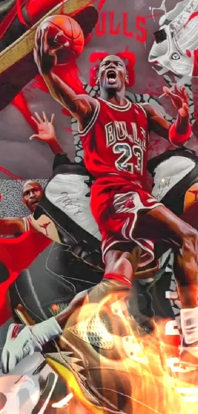 Basketball-themed wallpaper with dynamic action and vibrant red hues.