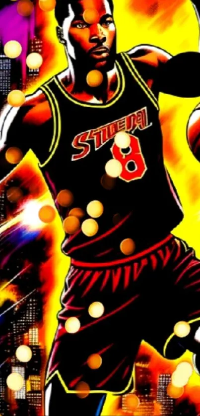 Vibrant basketball illustration with dynamic colors and urban background.