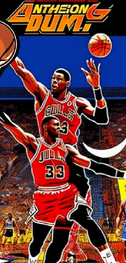 Basketball players in dynamic art style on a vibrant wallpaper.