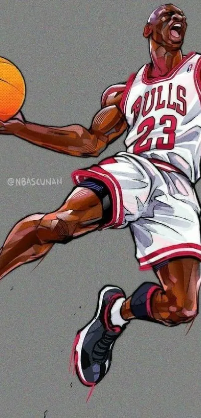 Animated basketball player in action on gray background.