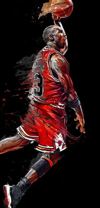 Dynamic basketball art with athlete in red jersey jumping.