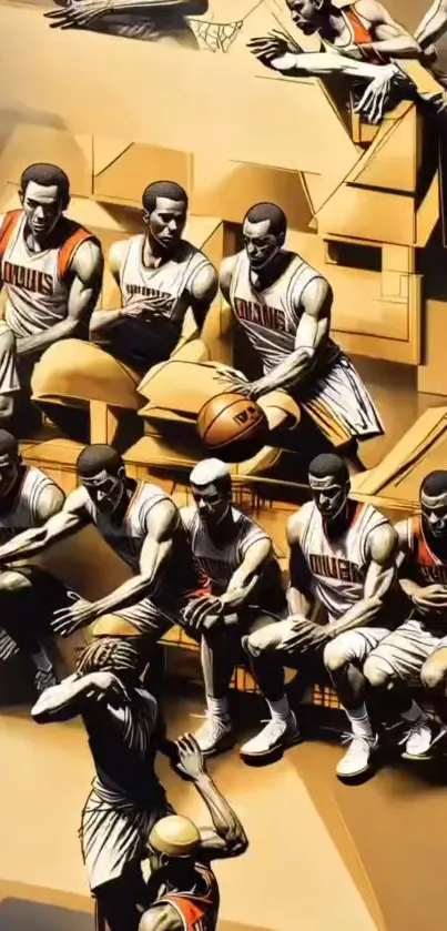 Basketball players in dynamic artistic style on a vibrant wallpaper.