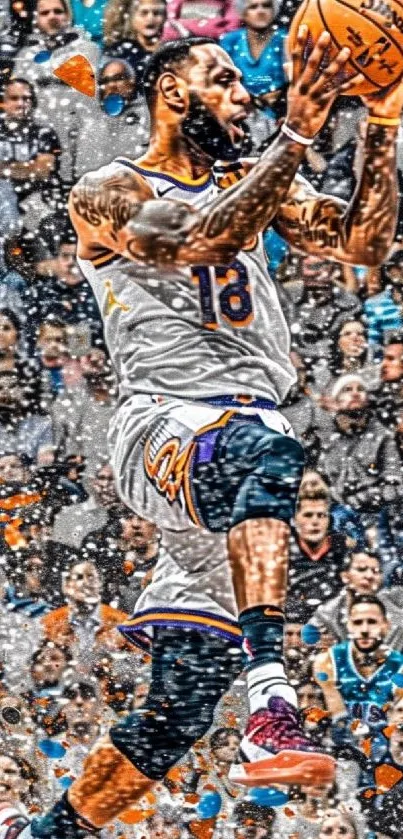 Basketball player jumping with a ball in a vibrant art style.