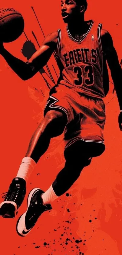 Dynamic artwork of a basketball player executing a dunk.
