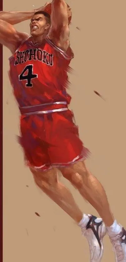 Basketball player in red jersey jumps dynamically on a beige background.