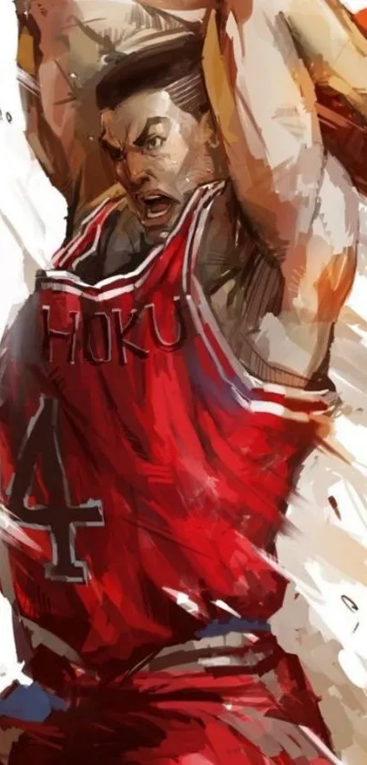 Energetic basketball player art in red on mobile wallpaper.