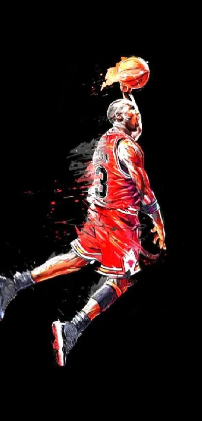 Dynamic basketball player in mid-air action against black background.