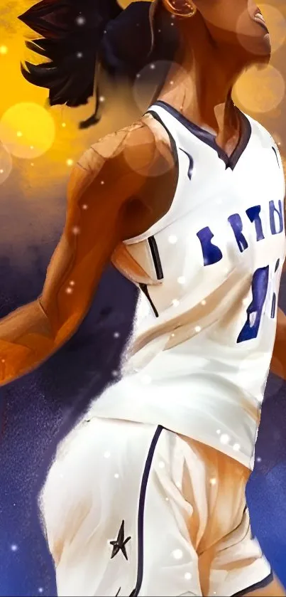 Dynamic artwork of a basketball player with vibrant colors.