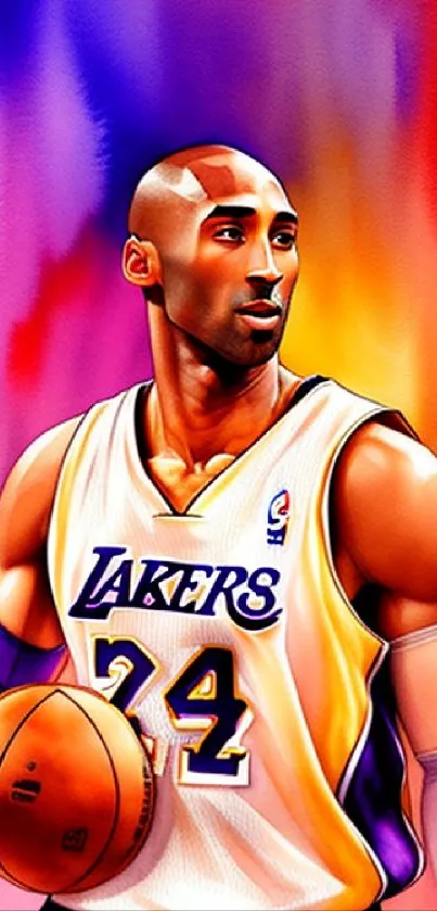 Vibrant basketball art with Lakers player in motion, featuring dynamic colors.