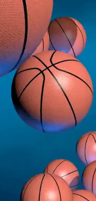 Basketballs floating against a vibrant blue background.