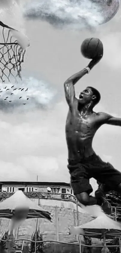 Basketball player dunking with clouds and urban background.